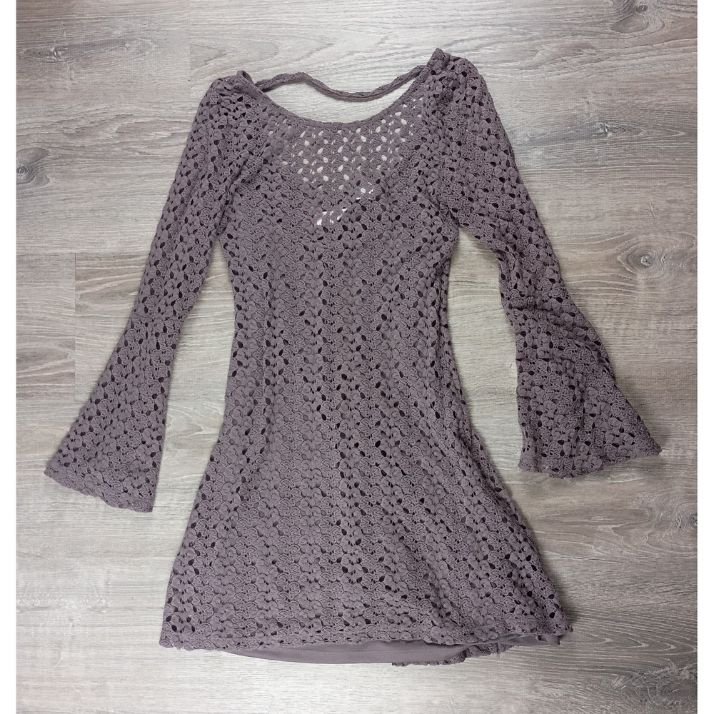 Mimi Chica S Purple Crochet Lined A-Line Dress Bell Sleeve Scoop Neck